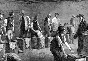 1874年、ロンドンの東西インドドックカンパニーの倉庫にお茶を詰める