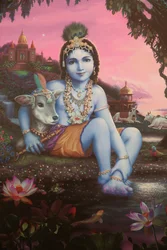 ヒンドゥー教の神、クリシュナの子供時代を描いた絵画。インド