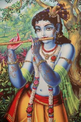 屋外で笛を吹くヒンドゥー教の神クリシュナを描いた絵画。インド