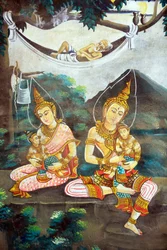 釈迦牟尼仏の生涯を描いた絵画。ワット・ナクサイ。ビエンチャン。ラオス、20151106、ビエンチャン、ラオス