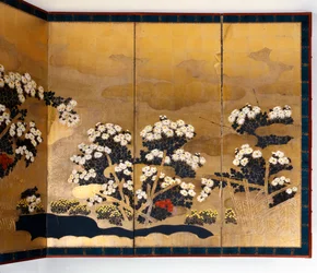 金を背景にした6枚組のスクリーン、江戸時代、日本、1600-1867