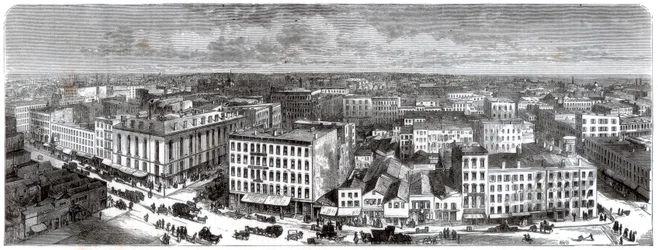 1871年にアメリカの市庁舎の上から見たシカゴのパノラマ