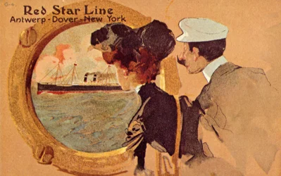 レッドスターオーシャンライナー、c1900に乗って舷窓を眺める乗客。