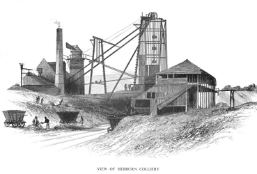 1860年、ニューカッスルアポンタインエリアのヘブバーン炭鉱でピットヘッド