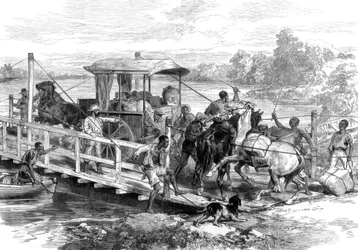 ファール川のポンツーン、クリップドリフト、南アフリカのダイヤモンド畑、1874