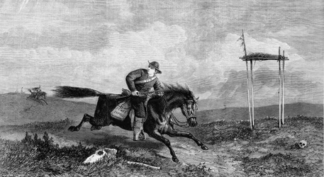 1861年にネイティブアメリカンが追跡した敵対的な国を横断するポニーエクスプレスライダー