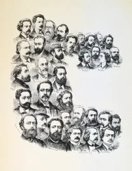 コミュナードの肖像画が描かれたポスター、パリコミューン、1871年。