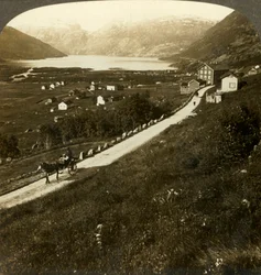 険しい山腹の村と険しい西ノルウェーのロルダル湖、c1905。