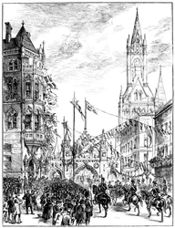 1887年、マンチェスターの市庁舎に近づく行列