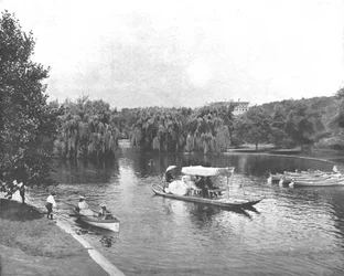 パブリックガーデンと湖、ボストン、米国、c1900。