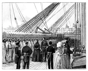 ビクトリア女王、HMS Galatea、Osborne Bay、c1860sを検査