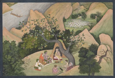 バラドヴァージャのエルミタージュでのラーマ、シーター、ラクシュマナ: 挿絵入りのフォリオ 1780年。