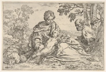 エジプトへのフライトで休憩し、マリアが聖ヨセフと一緒に幼児のキリストを抱きしめます。 1640以降。