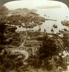 焼けた街の修復-島の港であるオーレスン、重要なタラ魚の市場、ノルウェー、c1905。