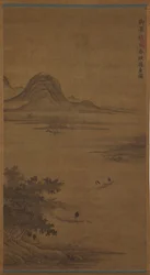川の風景: ボートの漁師、明王朝、15 世紀。