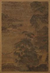 川の風景: 山、松の木、建物、明王朝、1368-1644。