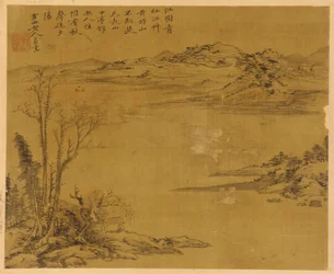川の風景: 前景の木々と家屋、おそらく元王朝、1279-1368。