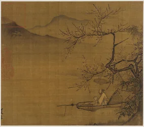 川の風景：花咲く木の下に係留された舟で読書する男、明代、1368-1644年。