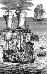 ロビンソン・クルーソー、c1719の海上で消防船の乗組員を救う