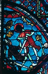 ローランドはおへそ、ステンドグラス、シャルトル大聖堂、1194-1260で巨大なフェラガットを突き刺す