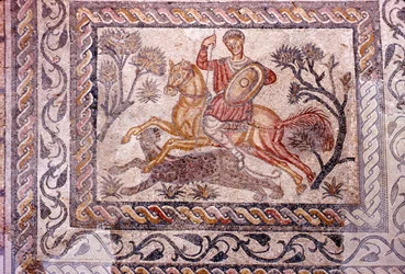ヒョウを狩る騎士のローマ時代のモザイク、メリダ、スペイン、c2-3世紀