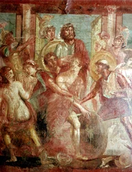 ポンペイのディオスクリの家、スキュロスに隠れているアキレスのローマ時代の壁画
