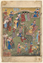 Shahnama ...、1444年の二重ページのフロントピースからの庭園の直腸の王室の饗宴。