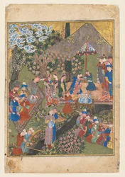 庭のロイヤルフィースト、2ページのフロントピースからの右のフォリオの対...、c。 1440。