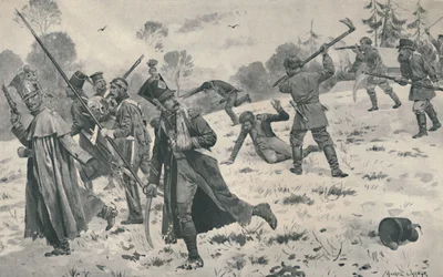 フランスのストラグラーを攻撃するロシアの農民、1812年、1896年