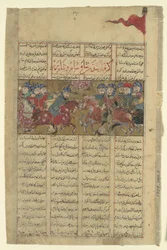 ロスタムは、シャムのシャーとベルベルのシャー、シャーナマからのフォリオをキャプチャします...、c1330-40.