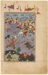 ロスタムは、フィルダウシのシャーナマ書から、アシュカブスの挑戦に会います... c1590-1600。