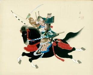 馬に乗る侍の武者。伝統的な日本様式による絹本日本画