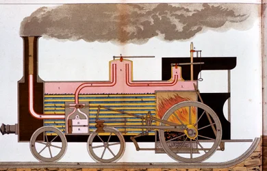19世紀半ばの蒸気鉄道機関車の断面図、1882年