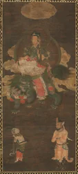 Shakyamuni Triad：ManjushriとSamantabhadra Bodhisattvaがライオンと一緒に参加した仏、1300年代後半