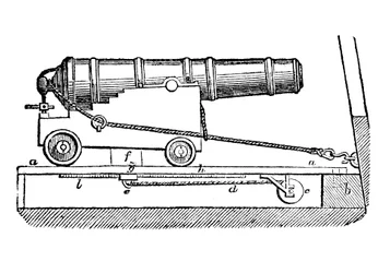 砲車に大砲を輸送します。木版画、1835