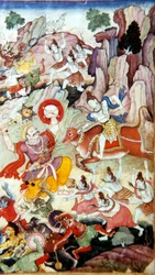シヴァは悪魔とハカを破壊する、ハリヴァムサ写本、ムガール学校、c1590