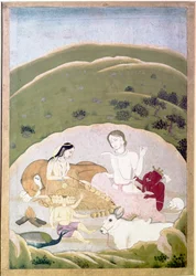 カイラス山でのシヴァとパールヴァティとその子供たち、ガネーシャとカルティクギャ、c1745