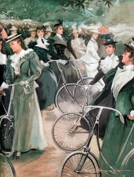 1896年、ロンドンのハイドパークで自転車に乗る社会の女性たち