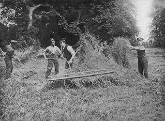 1915年に干し草に乗って農民を支援する兵士