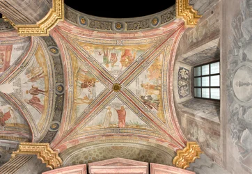 南トランセプト第1東スパン、ヤコブがヨセフの息子を牧草地に送る、兄弟がヨセフを狙う陰謀、ルーベンが井戸に投げ込むことを提案、ヨセフが商人に売られる、サンタ・マリア・アスンタ大聖堂、ドゥオモ、クレモナ、ロンバルディア州、イタリア（写真