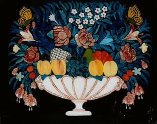 静物-白とピンクのボウルの花と果物、1840-60。