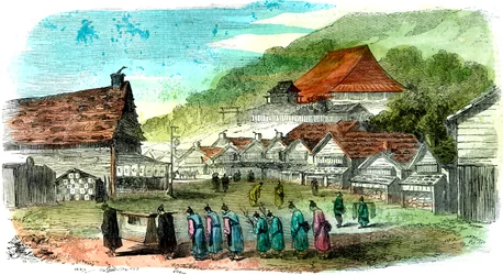 函館の通りと葬儀行列、日本、1856