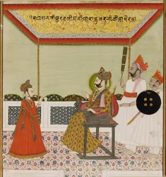 スラト・シンはライオンで武装した玉座に座り、幼い息子を迎えます、c1800