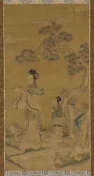 タペストリー: 明代、1368～1644年、松の下に立つ道教の女性不死身と付添人。