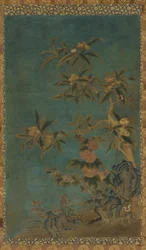 タペストリー：果樹とタチアオイ、明王朝、1368～1644年。