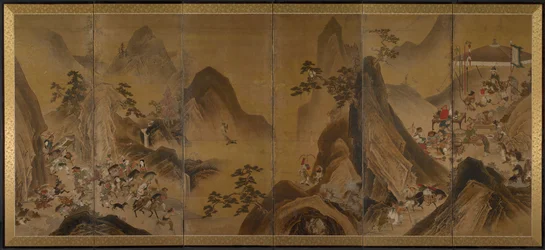 1600年代の前半、山の風景の中の酒石狩り。
