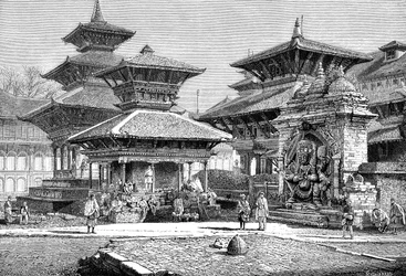 ロイヤルプレイスに面する寺院、カトマンズ、ネパール、1895