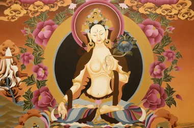 仏教で長寿の象徴とされるホワイトターラ女神を描いたタンカ、ネパール、バクタプール