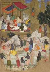 ランカの黄金都市でのクンバカルナの覚醒」（『ラーマーヤナ』フォリオ、1605年頃）。