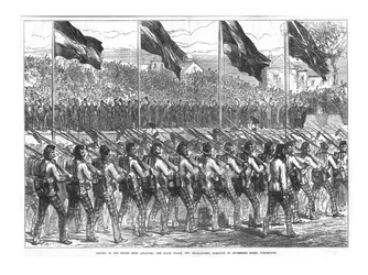 ブラックウォッチ第42回ハイランダーズ、ポーツマス、ガバナーズグリーンに行進、1874年。